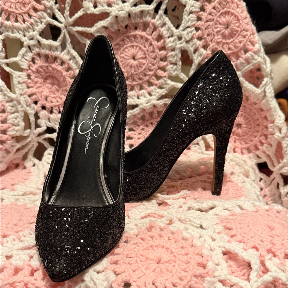 Jessica Simpson Black Glitter Pointed Toe Stilettos